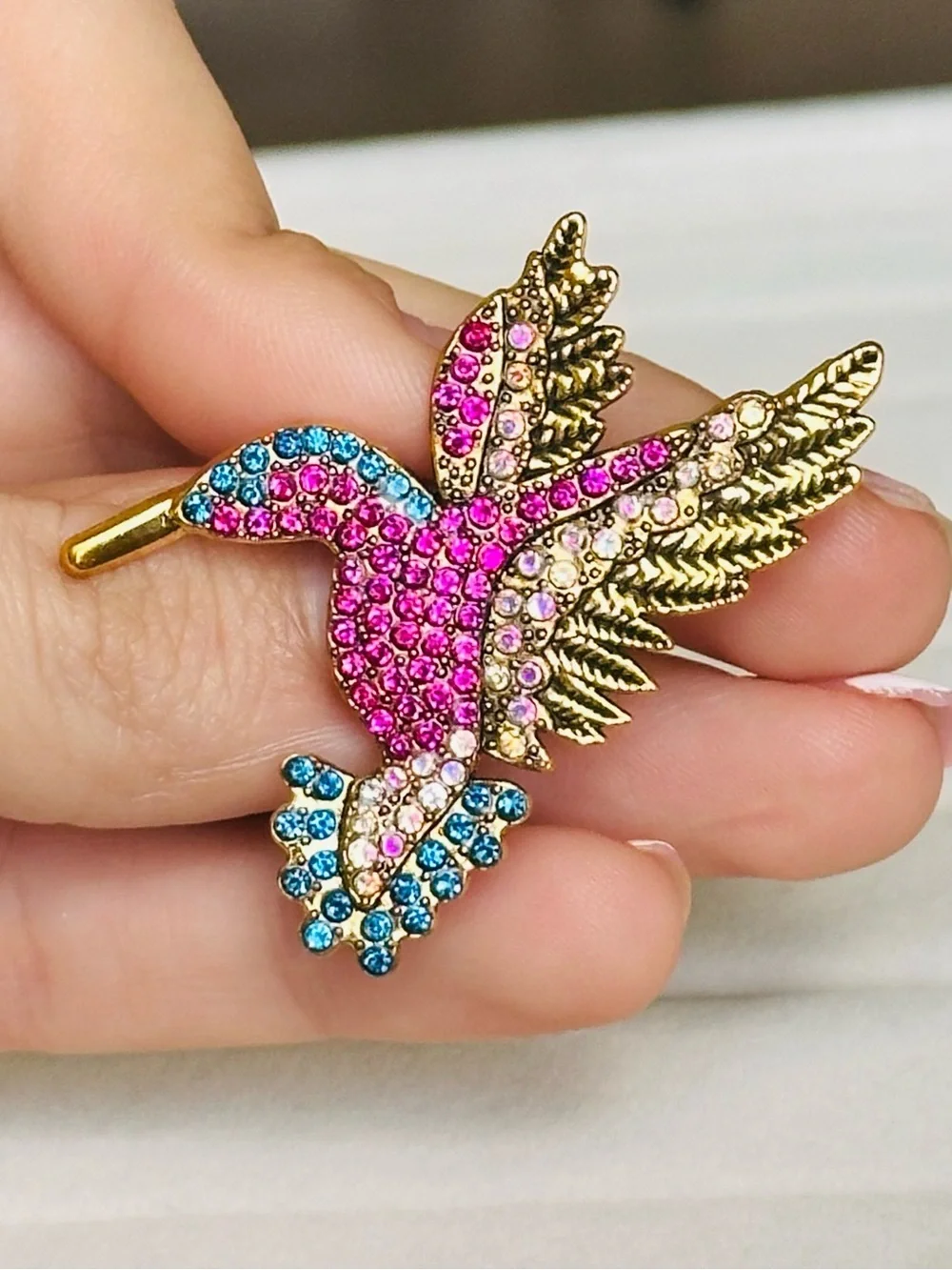NEW! Gold Hummingbird Brooch with Pink, Blue and Clear Crystals